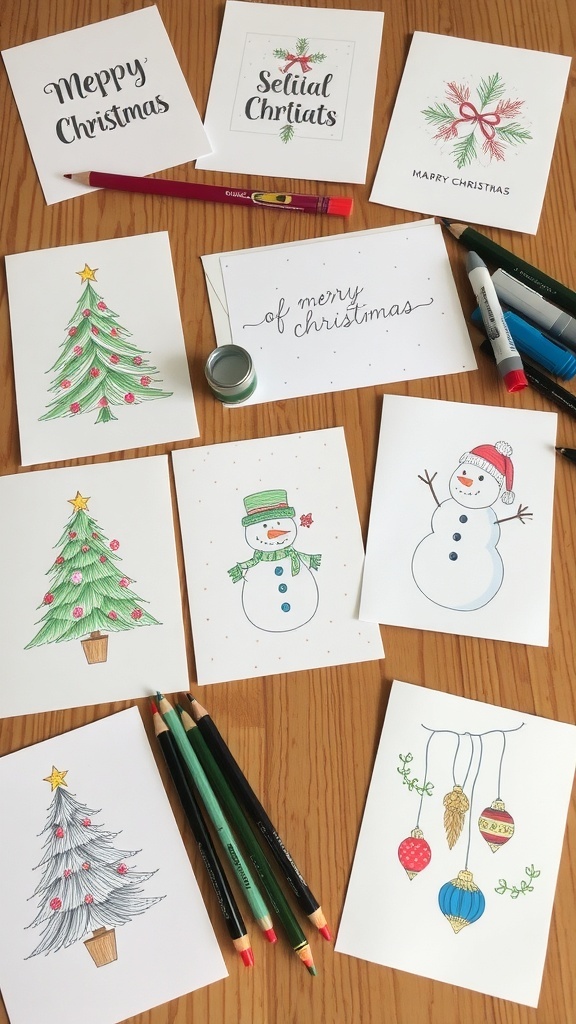 Hand-drawn Christmas cards with various festive designs on a wooden table.